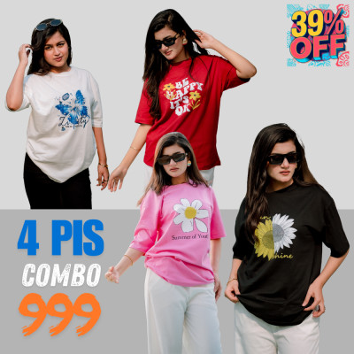 ৪ পিস টি-শার্ট কম্বো ৯৯৯ টাকা (Summer of youth Pink / Be happy Merun / Sunshine Black / Liberty White)